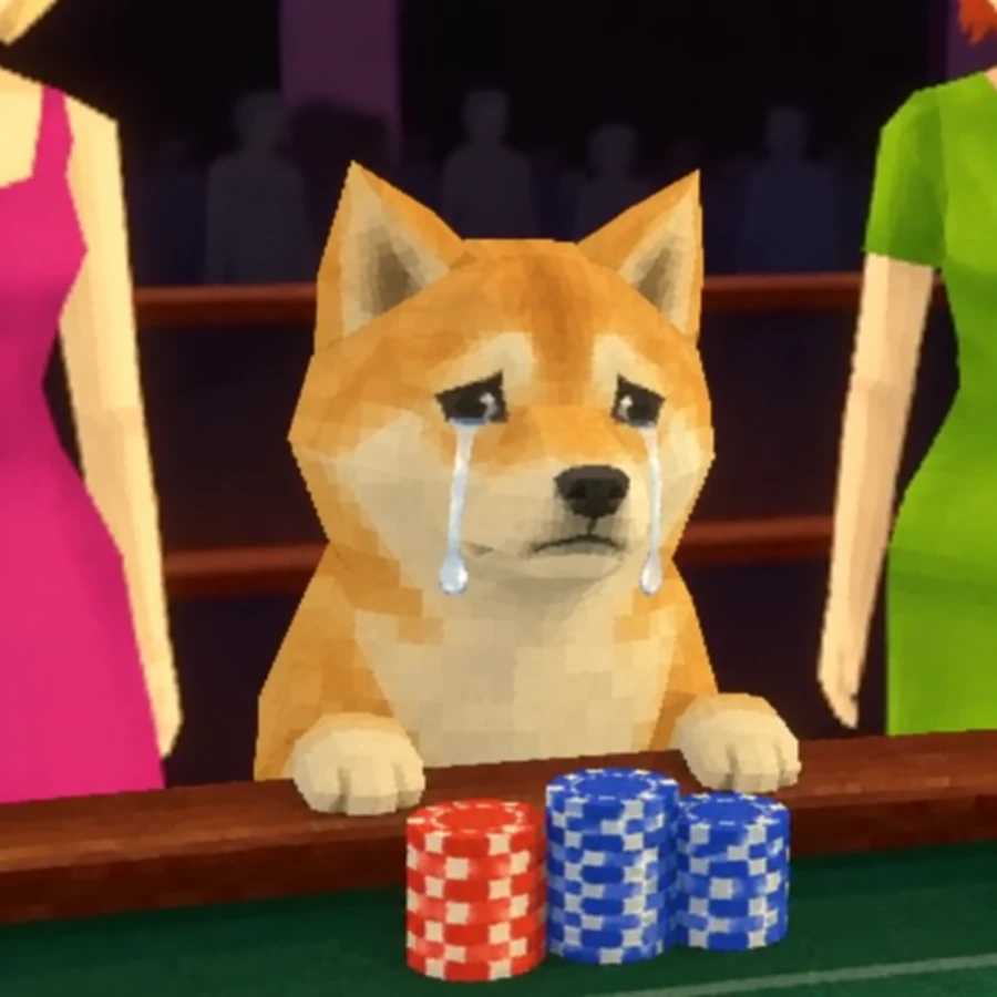 The original orange Shiba crying at the casino table, with pointed ears and two streams of tears.