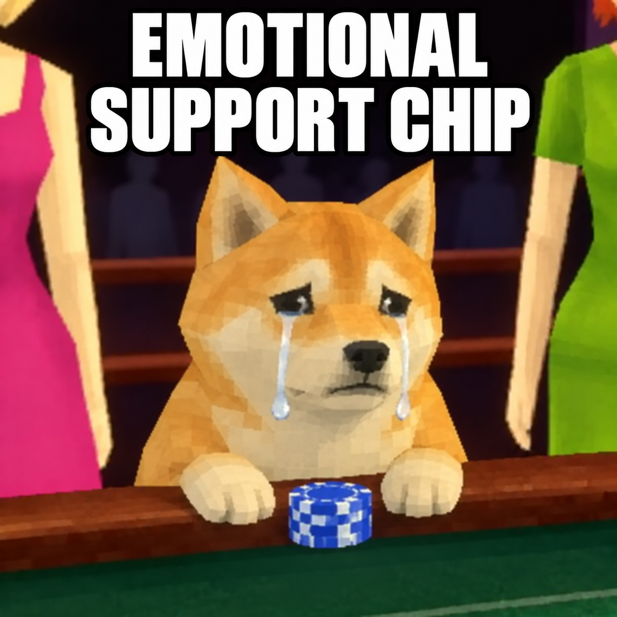 The crying Inu guarding an emotional support poker chip.