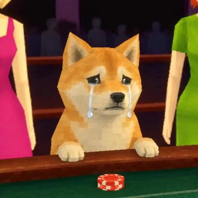 The crying inu with a single remaining red chip.
