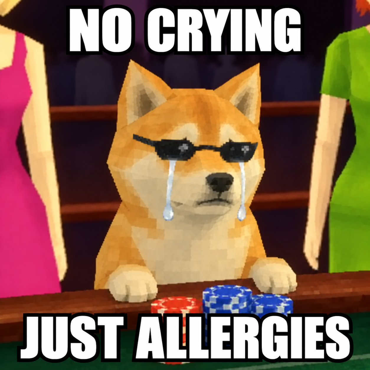 The crying Inu wearing sunglasses: No crying. Just allergies.